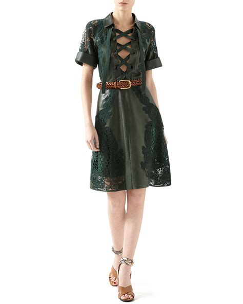 gucci green leather dress|Gucci pleated dress.